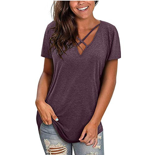 Mimacoo Solid Color Tee for Womens Summer Short Sleeve Pullover V Neck Top Casual Loose Shirt Purple