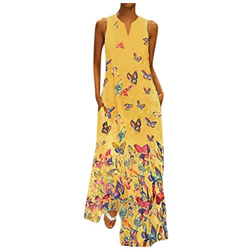 Womens Plus Size Long Maxi Dresses Summer Casual Boho V Neck Sleeveless Loose Maxi Dress with Pockets D-Yellow Womens Plus Size Long Maxi Dresses Summer Casual Boho V Neck Sleeveless Loose Maxi Dress with Pockets D-Yellow
