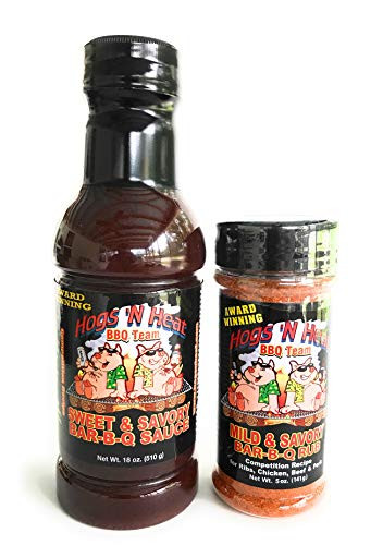 Hogs N Heat Sweet  and  Savory Bar-B-Q Sauce -18 Ounce Bottle- and Mild  and  Savory Rub -5 Ounce Shaker- with Award Winning Competition Recipe-Great BBQ Combo--Flavor/Spices for Grill- Smoker- Camping