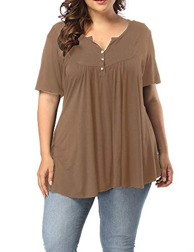 Allegrace Women's Plus Size Henley V Neck Button Up Tunic Tops Casual Short Sleeve Ruffle Blouse Shirts Coffee 1X