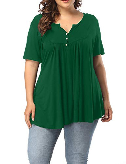 Allegrace Women's Plus Size Henley V Neck Button Up Tunic Tops Casual Short Sleeve Ruffle Blouse Shirts Green 3X