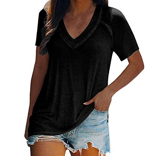 GCETTIC Womens Sexy Plain Tops Summer Short Off The Shoulder Sleeve V-Neck Casual Tee T-Shirt Basic Tops Blouses Tops