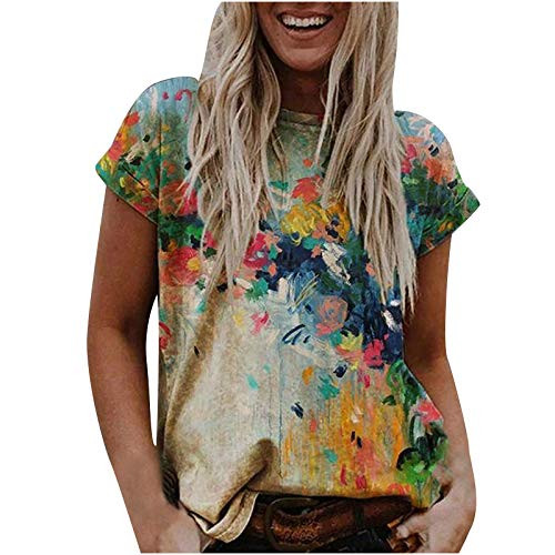 Womens Floral Shirts Summer Casual Graphic Tee Vintage Short Sleeve O-Neck Blouse Loose Fit Tops Beige