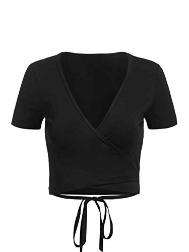 SheIn Women's Wrap Tie Front T-Shirt Short Sleeve Deep V-Neck Tee Crop Top Black Large