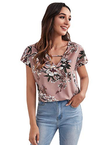 SheIn Women's Floral Print Batwing Short Sleeve Blouse Cut Out V Neck Tops Shirt Pink Medium
