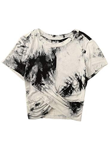 Floerns Women's Short Sleeve Tie Dye Twist Front Summer Crop Tops Tee T Shirts Black White XL