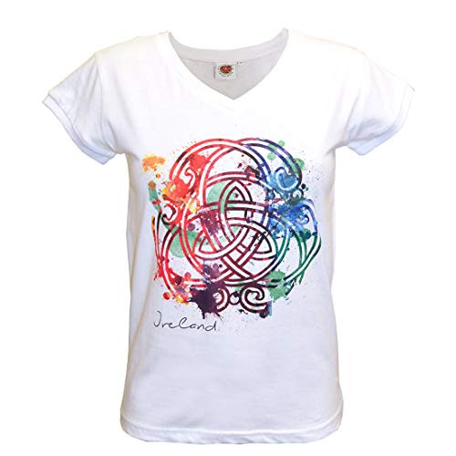 Carrolls Irish Gifts White Round Neck Ladies T-Shirt with A Coloured Celtic Knot Design
