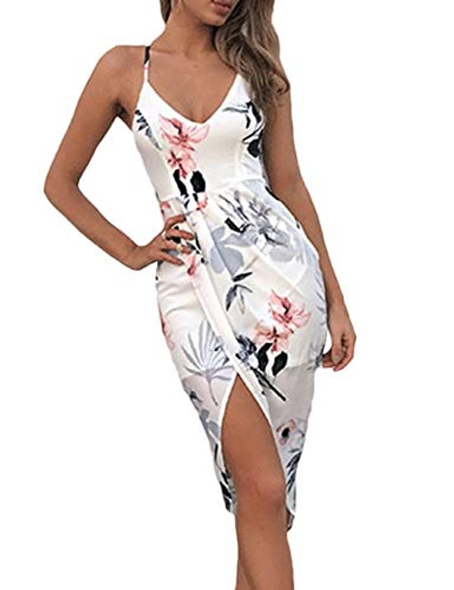 Women's Sexy Deep V Neck Strappy Summer Short Romper Dress Sleeveless Floral Bodycon Surplice Midi Sun Dress-WH-XL- White Women's Sexy Deep V Neck Strappy Summer Short Romper Dress Sleeveless Floral Bodycon Surplice Midi Sun Dress-WH-XL- White