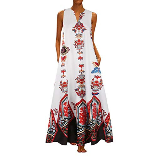 WUAI-Women Plus Size Long Maxi Dresses Summer Casual Boho V Neck Sleeveless Loose Maxi Dress with Pockets-White-Small- WUAI-Women Plus Size Long Maxi Dresses Summer Casual Boho V Neck Sleeveless Loose Maxi Dress with Pockets-White-Small-