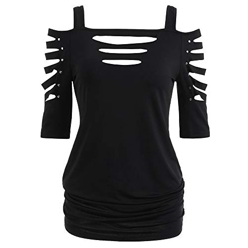Cold Shoulder Shirts for Women Fashion Hollow Out Short Sleeve Tops Solid Casual Outdoor Comfy Blouse Black