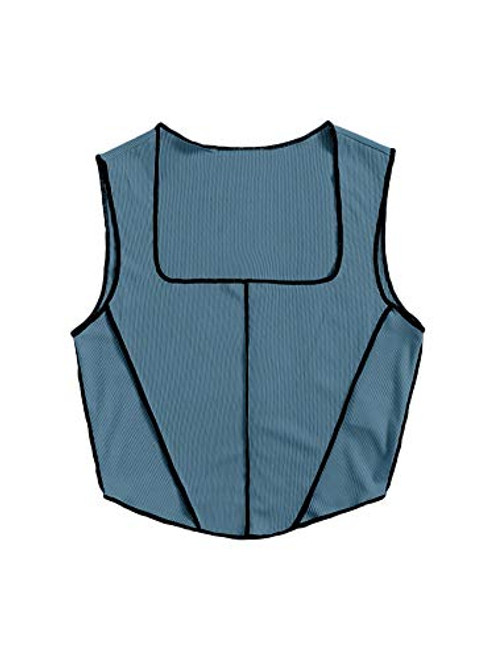 SheIn Women's Sleeveless Square Neck Crop Tank Tops Asymmetrical Rib Knit Casual Vest Dusty Blue Large