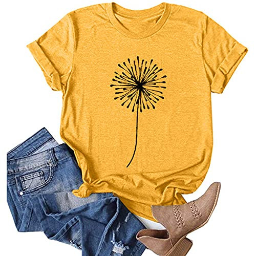 Hotkey Womens Short Sleeve Tops- Womens Loose T-Shirts Casual Dandelion Printing O-Neck Blouse Tops Funny Shirts Yellow