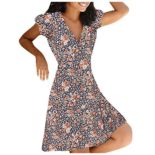 Dress for Women-Women's V Neck Vintage Ruffle Floral Flared A Line Swing Casual Cocktail Party Dresses Orange Dress for Women-Women's V Neck Vintage Ruffle Floral Flared A Line Swing Casual Cocktail Party Dresses Orange