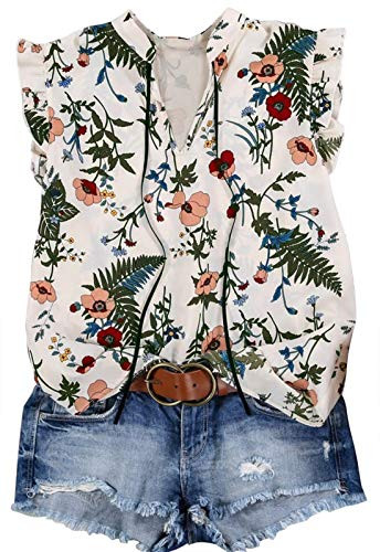 Womens Vintage Floral Ruffled V Neck Tank Tops Summer Casual Basic Pleated Sleeveless Blouse Shirts Chiffon Tops Tunic -White- Large-