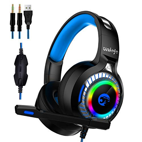 UNIOJO A60 Gaming Headset, Stereo Gaming Headphones for PS4, PC, Xbox One, Professional Wired Gaming Bass Over-Ear Headphones with Mic,Vibration Effect, LED Light, Noise Cancelling & Volume