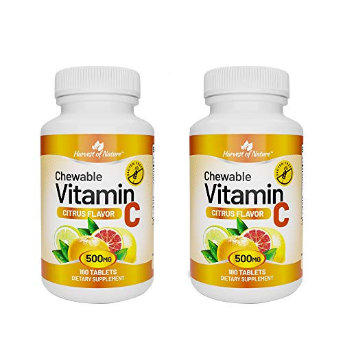 Harvest of Nature Chewable Vitamin C- Citrus Flavor- Immune Support- Gluten Free- Non-GMO- Allergen Free- Natural- Manufactured in USA- 500 mg- 180 Count Bottle -Pack of 2-