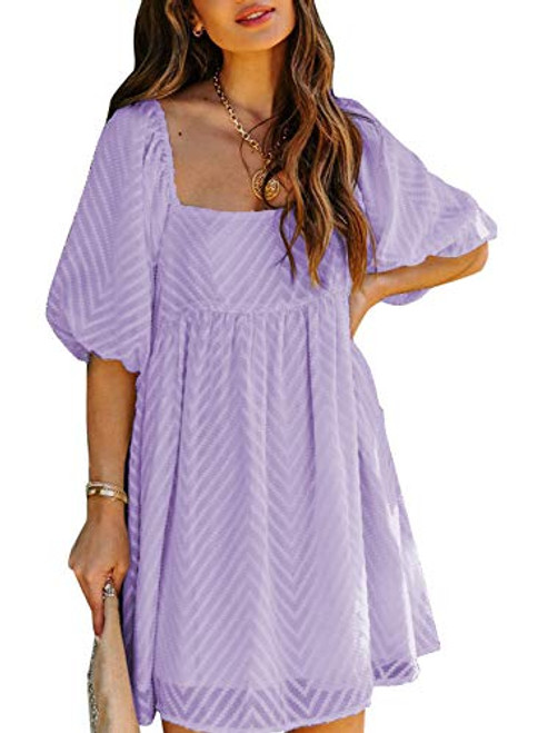 Dokotoo Summer Dresses for Women Sexy Square Neckline Ruffle Chiffon Puff Sleeve Elegant Boho Pom Pom Textured Flowy Mini Short Skirt Dress Beach Party Casual Wedding Guest Dress L Purple