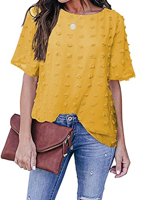 Sidefeel Womens Casual Summer Round Neck Short Sleeve Blouse Chiffon Swiss Dot Pom Pom T Shirt Tops Yellow X-Large