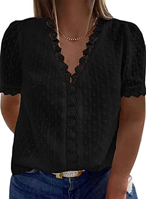 Happy Sailed Womens Plus Size Tops Casual Summer Short Sleeve V Neck Lace Crochet Chiffon Shirt Blouses-1X Black