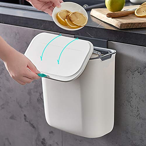 Hanging Trash Can with Lid for Kitchen Cabinet Door- 2.3 Gallon Wall Mounted Garbage Can Kitchen Compost Bin for Countertop or Under Sink