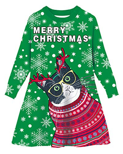 Funnycokid Girls Funny Xmas Dress Ugly Christmas Cat Knitted Sweaters for Party Holiday Green 6-7T