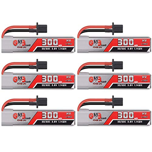6pcs GAONENG 300mAh 1S Battery 3.8V/4.35V 30C FPV HV Lipo Battery with GNB27 Connector and Adapter Cable for FPV Tiny Whoop 1S Whoop Drone- Like Snapper 7- Betafpv6s- Mobula 7- Beta65s