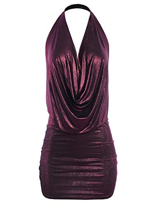 Deep Sexy V-Neck Halter Backless Party Club Mini Dress Foil Magenta M Deep Sexy V-Neck Halter Backless Party Club Mini Dress Foil Magenta M