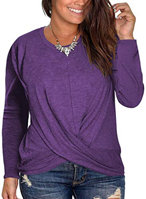 Womens Plus Size Tops Cross Front T-Shirts Loose Knotted Tunic Blouses Purple-24W