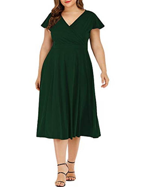 Agmibrelr Women's Plus Size Flutter Sleeve Dress Deep V Neck A-Line Swing Midi Dresses Dark Green 2XL