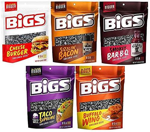 BIGS Sunflower Seed Variety- Cheese Burger- Sizzlin Bacon- Smokey BBQ- Taco Supreme- and Buffalo Wing- 5.35 Ounce Bags -Pack of 5- - Packed in MYD Box with Bag Clip BIGS Sunflower Seed Variety- Cheese Burger- Sizzlin Bacon- Smokey BBQ- Taco Supreme- and Buffalo Wing- 5.35 Ounce Bags -Pack of 5- - Packed in MYD Box with Bag Clip
