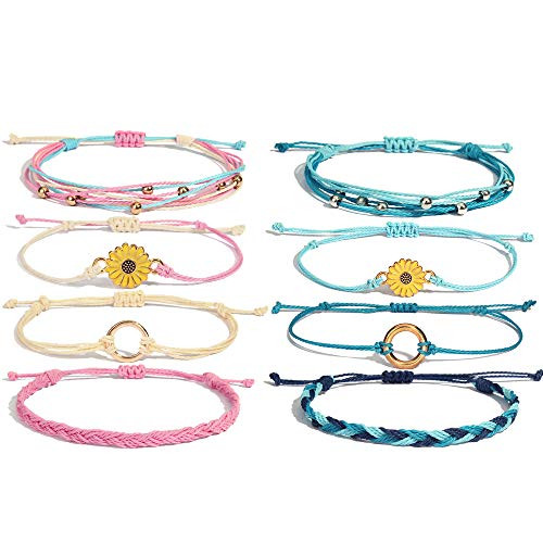 FANCY SHINY Sunflower String Bracelet Handmade Braided Rope Charms Boho Surfer Bracelet for Teen Girls Women-SkyBlue- Pink-