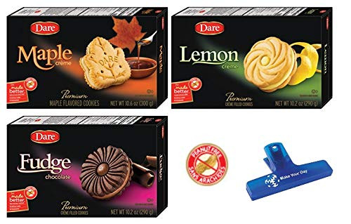Dare Maple Creme- Lemon Creme- and Fudge Chocolate Creme Cookies- One 10.2 oz Box of Each Kind with Make Your Day Bag Clip Dare Maple Creme- Lemon Creme- and Fudge Chocolate Creme Cookies- One 10.2 oz Box of Each Kind with Make Your Day Bag Clip