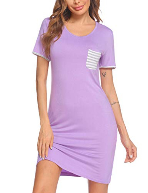 Ekouaer Nightgowns for Women Night Sleeping Shirt Cotton Short Sleeve Sleep Dress-Purple M