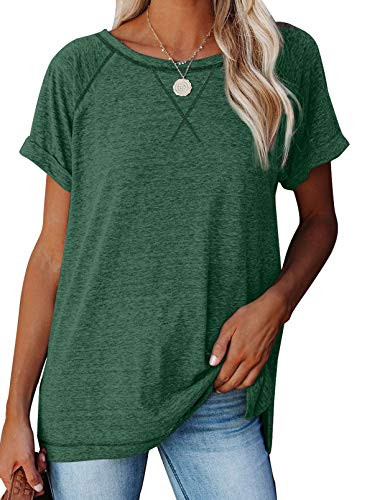 Diukia Women's Plus Size Loose Solid Rolled Short Sleeve T Shirts Fashion Baseball Raglan Sleeve T-Shirt Summer Casual Cotton Round Neck Tshirts Crewneck Side Split Short Sleeve Tee Tops Green 2XL