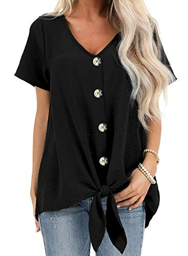 Dokotoo Womens Solid Casual Summer Button Down Front Tie Short Sleeve V Neck Blouses Tops T Shirts Black M