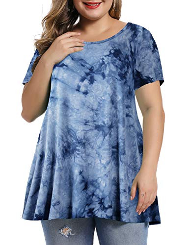 MONNURO Womens Short Sleeve Casual Loose Fit Flare Swing Tunic Tops Basic T-Shirt Plus Size-Tie Dye Blue-3X-
