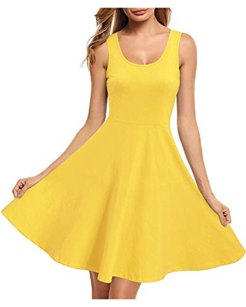 STYLEWORD Women's Sleeveless Casual Cotton Dresses Summer Fit and Flare Midi Dress-Yellow-310- XL-