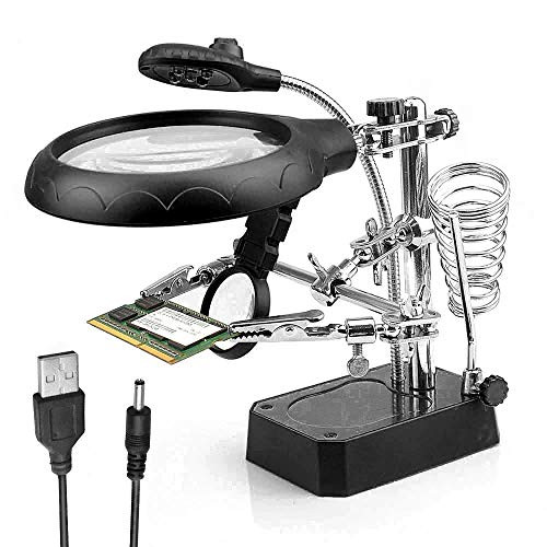 Koranny Welding magnifying glass 5 LED Light Auxiliary Clip loupe Magnifier Hand Soldering Solder Iron Stand Holder Station Desktop Magnifying Glasses -Black-