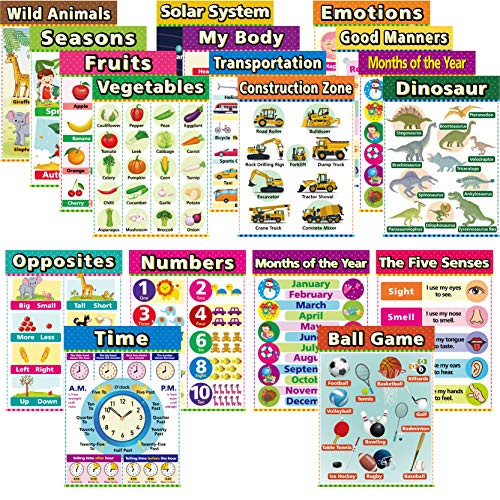 Educational Posters for Toddlers Learning Charts for Preschoolers Learning Poster for Preschool Kindergarten Classroom Decorations Homeschool Supplies Teach Fruits- Vegetables Five Senses -18 Pack-