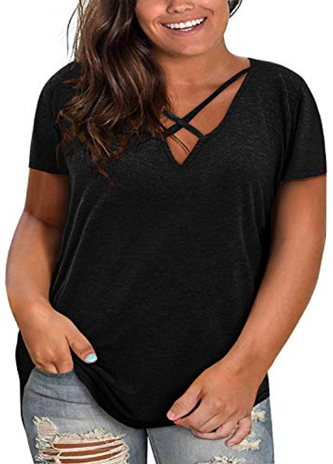 Womens Plus Size Tops Summer Short Sleeve V Neck T Shirts Sexy Criss Cross T-Shirt Casual Loose Cotton Tees Black