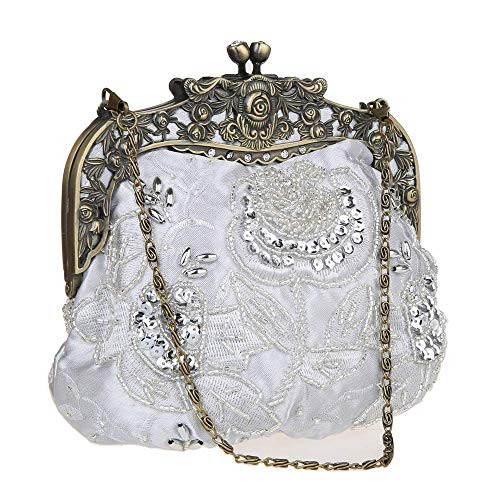 DA BODAN Womens Vintage Floral Beaded Sequin Tiny Clutch Embroidery Crossbody Evening Handbags for Wedding Party Prom -Silver-