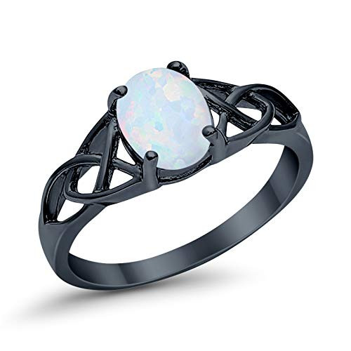 Solitaire Ring Oval Created White Opal Black Tone 925 Sterling Silver Celtic Accent- Size-7