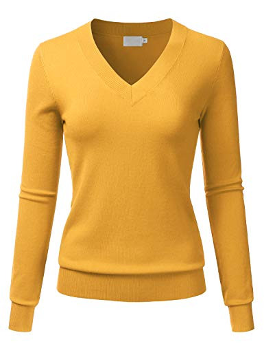 LALABEE Women's V-Neck Long Sleeve Soft Basic Pullover Knit Sweater Yellow_B XL