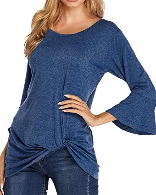 Auxo Women Casual Long Sleeve Twist Knot Tunic Top Round Neck Solid Basic T-Shirt Blouses 01-Blue 6 Auxo Women Casual Long Sleeve Twist Knot Tunic Top Round Neck Solid Basic T-Shirt Blouses 01-Blue 6