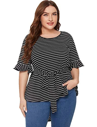 Romwe Women's Plus Size Striped Loose Ruffle Short Sleeve Belted Flare Peplum Blouse Top Black 2X