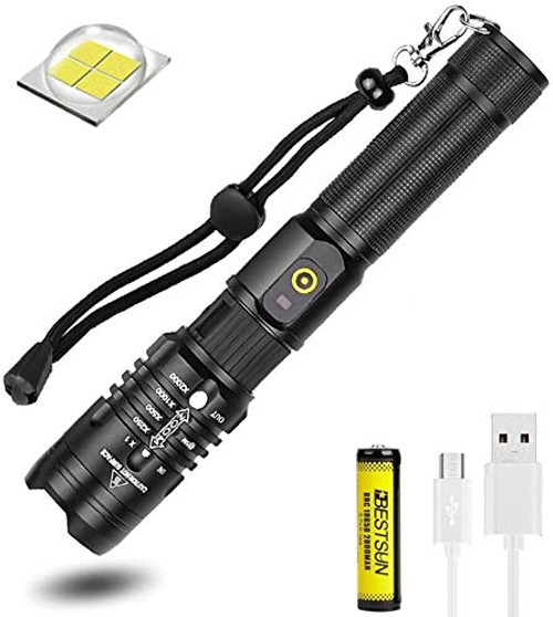 BESTSUN CREE XHP50 LED Flashlight- 6000 Lumen Super Bright Tactical Flashlight USB Rechargeable Flashlight Zoomable 5 Modes Hand Torch Waterproof Torch with Battery for Camping
