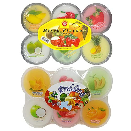 Pudding cups Fruit || Red Diamond- Pudding with nata de coco | Pudding- Mixed Flavours pudding | yame - Mix fruit pudding | -Product of Malaysia- | Halal | Each one -6cup/110g- -Pack of 02-