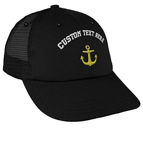 Custom Text Embroidered Anchor Nautical Unisex Adult Snaps Cotton Low Crown Mesh Golf Snapback Hat Cap - Black- One Size