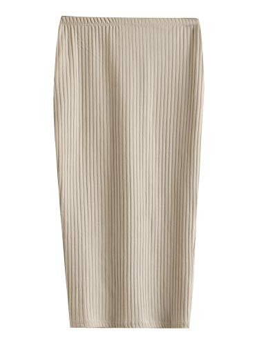 SheIn Women's Basic Plain Stretchy Ribbed Knit Split Full Length Skirt Apricot Small