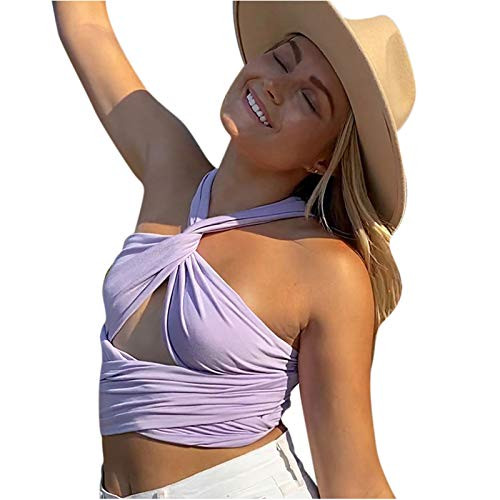 RARITYUS Women Sexy Halter Criss Cross Crop Top Self Tie Tank Top Cut Out for Rave Cami Clubwear Purple RARITYUS Women Sexy Halter Criss Cross Crop Top Self Tie Tank Top Cut Out for Rave Cami Clubwear Purple